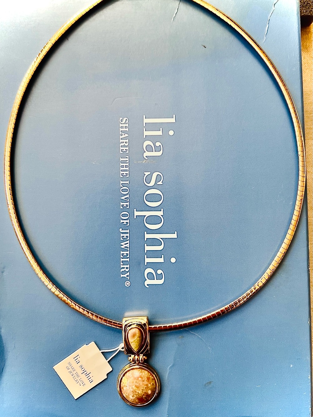 Lia Sophia - NWT Gold-Tone Necklace w/ Tan & Brown Stone Pendant in Original Box